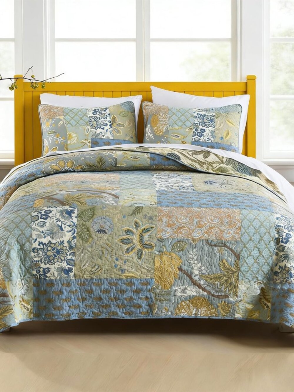Patchwork Floral Quilt Set - Blue and Gold